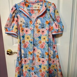 Umgee Blue & Orange Floral Puff Sleeve Dress Size Large